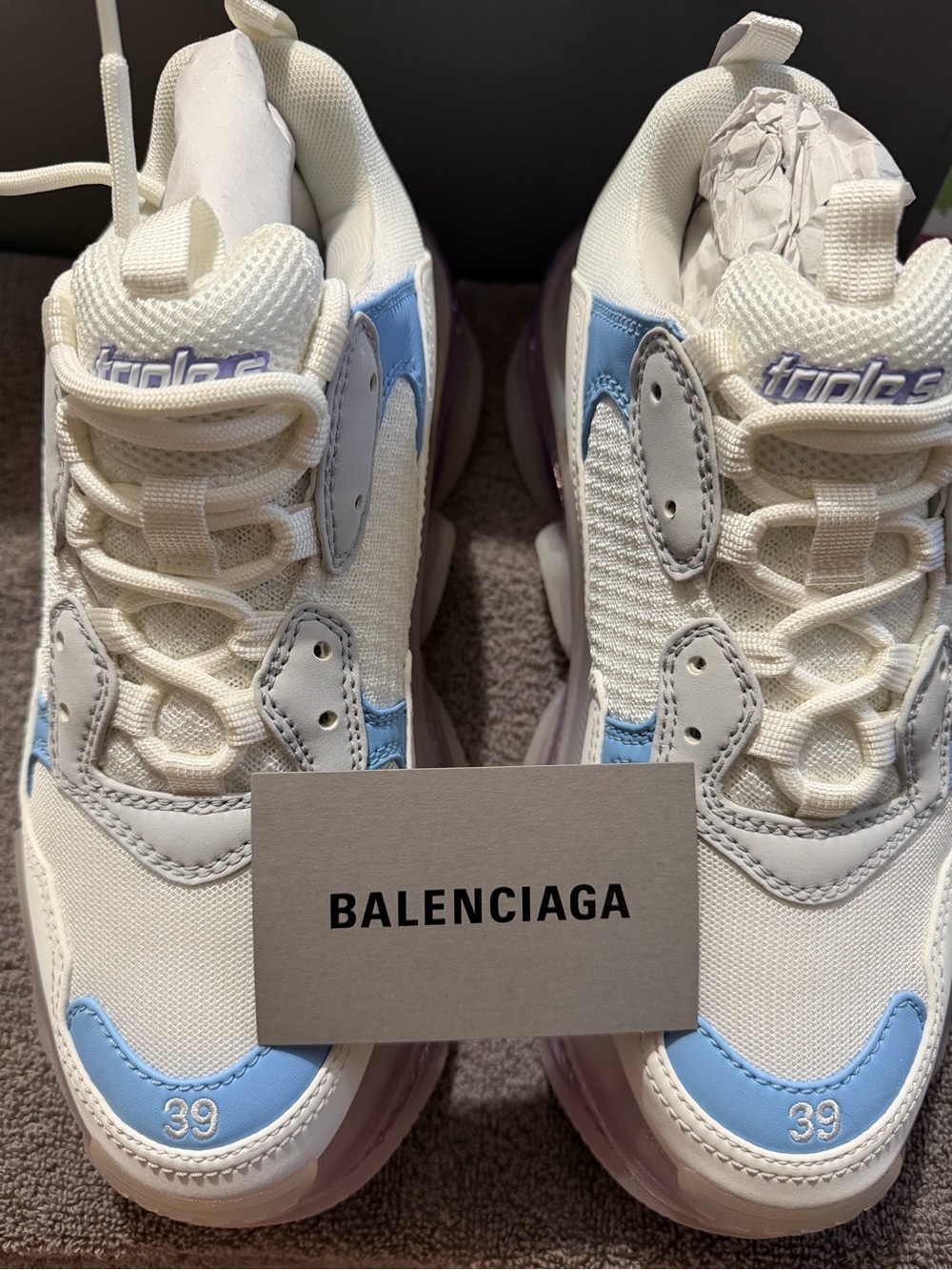 Balenciaga White & Light Blue Triple S Sneakers with Lavender Soles